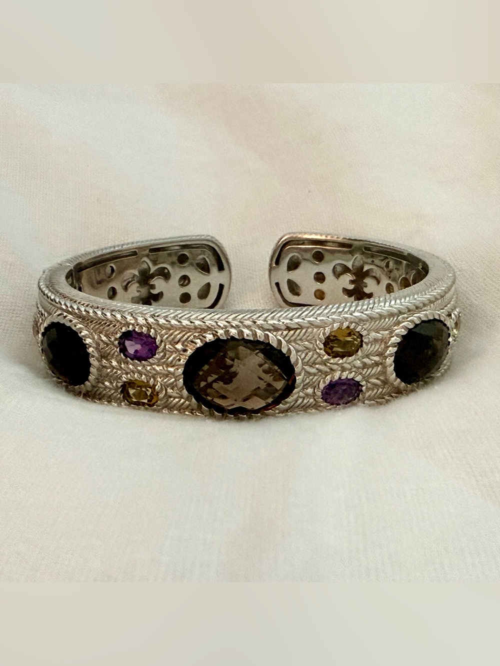 Vintage Judith Ripka Bracelet Hinged Cuff Smoky Quartz Amethyst Sterling Silver